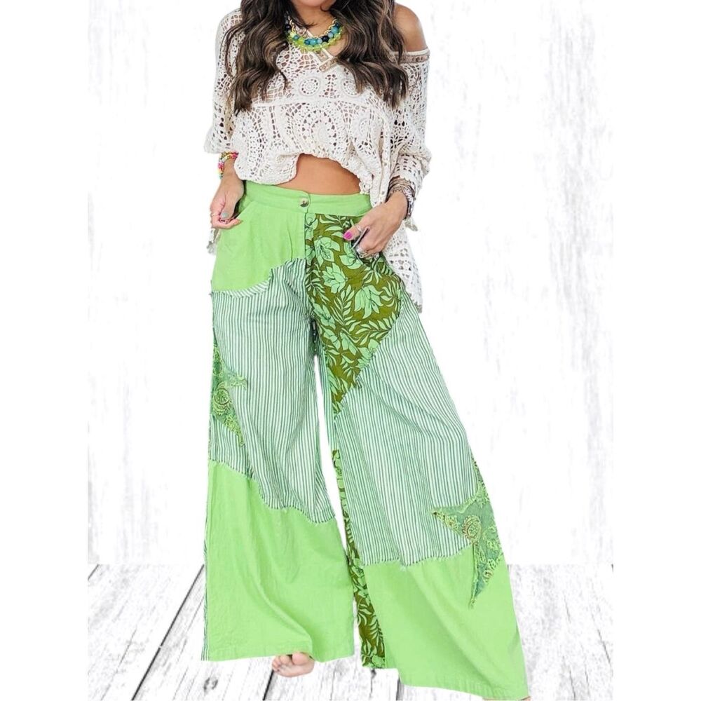 POL Striped Floral Patchwork Wide Leg Pants Green Boho Star Patch Palazzo NEW - Picture 6 of 12